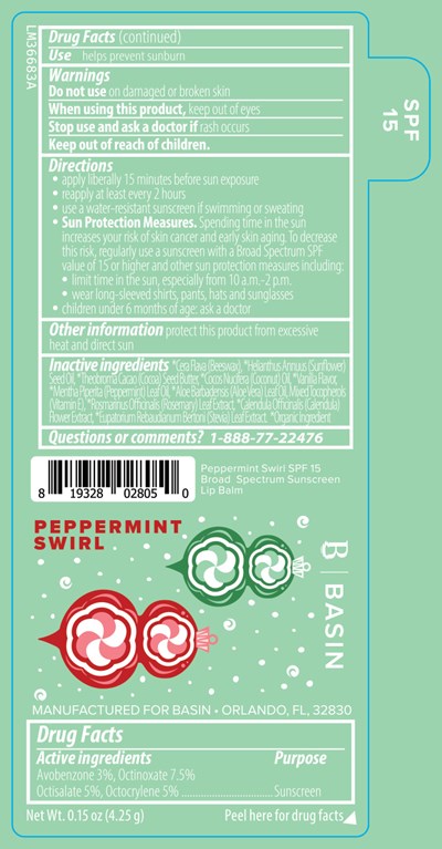 Basin Peppermint Swirl Spf 15 Broad Spectrum Sunscreen Lip Balm 0.15 Oz Label (Lm36683a Pl905s Peppermint Swirl Vanilla Mint Spf 15 Broad Spectrum Sunscreen Lip Balm 2024 9 4 Ol)